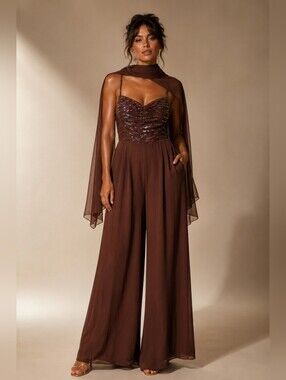 Alyce Designs Cocoa Silk Sequin Wide Leg Evening Jumpsuit with Scarf Size 10 NWT
